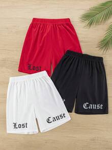 SHEIN 3pcs/Set Teen Boy/Teen Boys' Casual Everyday Versatile Comfortable Printed & Solid Color Loose Fit Shorts, 3 Styles Streetwear Shorts Boys Shorts Quick Dry Shorts 3 Pack Shorts Black Red White Shorts,Kids - Multicolor - View 7