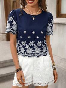 Solivie Women's Embroidered Round Neck Casual Blouse With Puff Sleeves, Spring/Summer - Navy Blue - View 3