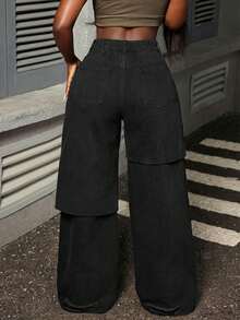 Slaydiva Quần jean ống rộng họa tiết chắp vá, có túi cỡ lớn dành cho nữ, thường ngày, đa năng, dễ mặc khi đi làm - màu đen - Xem 3