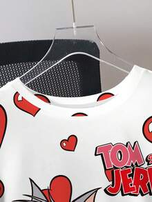 TOM & JERRY X SHEIN 男士休闲宽松版型心形字母图案超大号T恤，时尚街头风，适合日常穿着，也适合情人节。 - 白色 - 查看 6