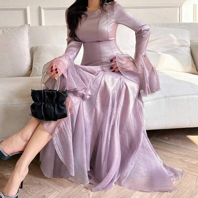 春夏 エレガントなスリムフィット シアーメッシュ フリルトリム フレアスリーブ ミディドレス、結婚式、通勤に適しています