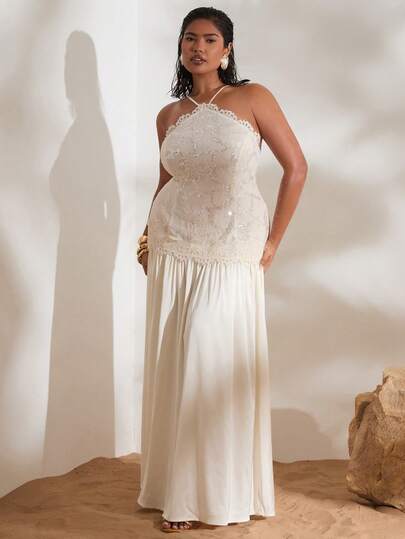 SHEIN BAE 大码女士串珠吊带度假约会连衣裙，优雅性感长款连衣裙