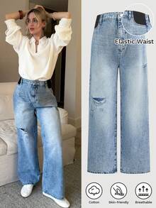 SHEIN 孕妇高腰休闲做旧浅蓝色时尚宽松百搭牛仔裤，适合春季、圣诞节、新年、感恩节、通勤、度假、毕业典礼等场合，展现Y2K风格，可爱街头风，适合派对、婚礼、优雅商务休闲等各种场合。 - 藍色 - 查看 9