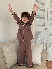 DAZY Young Boy Contrast Trim Button-Front Long Sleeve Top And Pants Pajama Set Spring - Brown - View 6