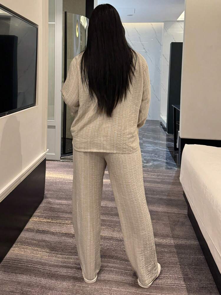 Dazy Plus Plus Size Women Casual Striped Loose Long Sleeve Top And Straight Leg Pajama Pants Set, Cute Sleepwear For Spring And Autumn