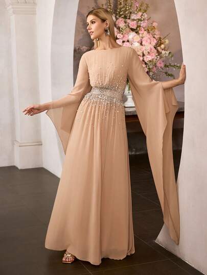 MOTF PREMIUM WOMEN'S ELEGANT ROUND NECK ULTRA-LONG SLIT SLEEVE FLOOR-LENGTH PARTY GOWN – RHINESTONE FAUX PEARL BEADED CHIFFON DRESS, IDEAL FOR PARTIES, GALAS & NYE