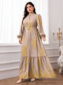 Modelyn Plus Size Mandarin Collar Lantern Sleeve Ruffle Trim Button Front Dress - Khaki - View 3