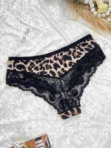 Fashionable Lace Patchwork Leopard Print Panties - Multicolor - View 2