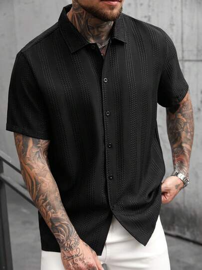 SLATEMANN 男士黑色条纹休闲短袖衬衫 男士黑色短袖衬衫 男士黑色短袖衬衫 男士纹理衬衫 男士黑色衬衫