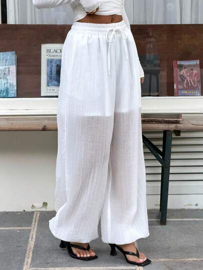 SHEIN EZwear Women's Casual Vacation Commuter Solid Color Drawstring Waist Semi-Transparent Cuff Tapered Leg Trousers, Woven Cropped Style, Versatile.