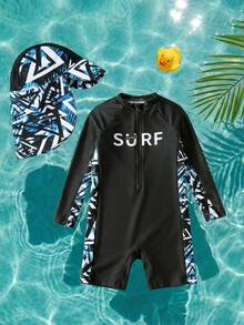 SHEIN Set de 2 piezas de camiseta de protección solar y gorra con diseño de dibujos animados y bloques de color para niños pequeños, adecuado para la playa, la piscina, primavera/verano - Multicolor - Ver 11