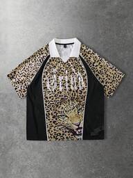 Men's Raglan Sleeve Casual Half-Zip Leopard Print Polo Shirt