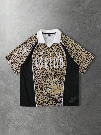 Men's Raglan Sleeve Casual Half-Zip Leopard Print Polo Shirt