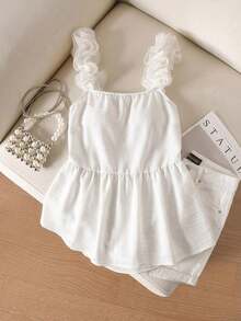 CosyJoli Plus Size Women Ruffle Trim Casual Camisole Top With Bowknot Back, Summer Tops - White - View 1