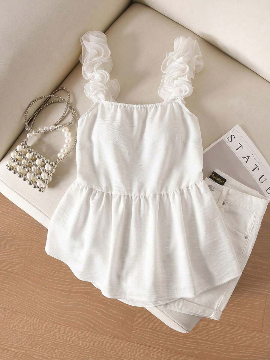CosyJoli Plus Size Women Ruffle Trim Casual Camisole Top With Bowknot Back, Summer Tops - White - View 1