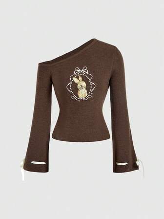 Kawaii Suéter sexy con hombros descubiertos, lazo y bordado de conejo