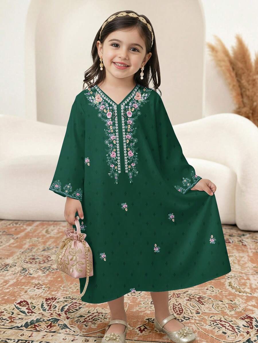 经典绿色花卉刺绣优雅复古连衣裙，适合年轻女孩休闲简约传统阿拉伯长袍，春夏皆宜，优雅长袖连衣裙，祈祷长袍，舒适休闲，休闲穿着，度假风，端庄卡夫坦长袍，儿童阿拉伯长袍 - 白色 - 查看 1