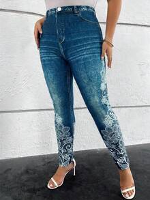 SHEIN Clasi Plus Size Women Casual Floral Lace Print Washed High Waist Leggings, Suitable For Daily Commute And Street Fashion - Blue - View 4