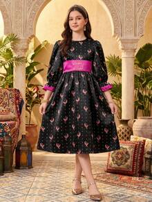 SHEIN رمضان Tween Girl Ditsy Floral Long Sleeve Dress الملابس التقليدية العربية - Black - View 10