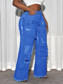 SHEIN Tall CURVE Boyfriend Jeans in Große Größen mit abgerissenen und ausgefransten Säumen - Blau - Übersicht 3