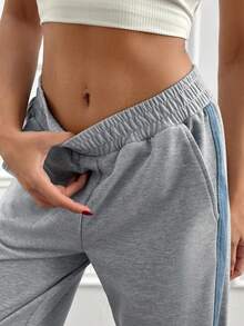 Cloudara Women Denim Patchwork Detailed Wide Leg Sweatpants - Grey - View 6