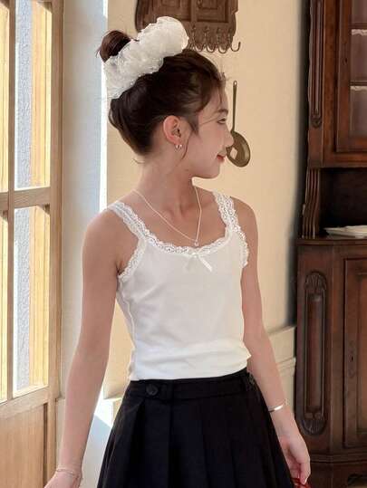 DAZY Tween Girls Knitted Bow Decor Square Neck Fitted Vest