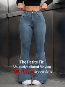 SHEIN PETITE 女士高腰口袋休闲百搭喇叭牛仔裤 - 藍色 - 查看 7