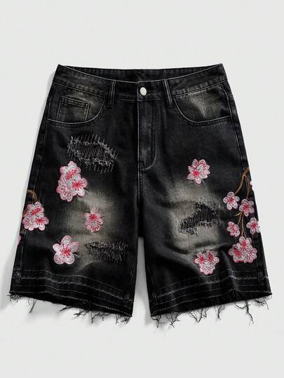 ROMWE MEN Street Life Pantalones cortos de mezclilla casuales con bolsillo bordado floral y desgastados para hombres