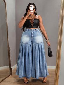 Slaydiva Plus Size Women Casual Fashion Street Chic Daily Commute Pleated Loose Wide Leg Jeans - Coffee Brown - View 6