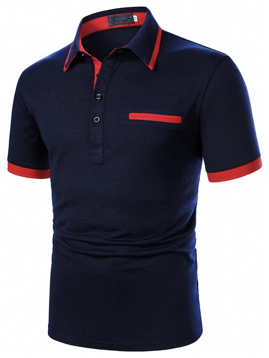 Manfinity Homme 男士时尚休闲撞色纽扣半开襟短袖Polo衫 男士红白蓝衬衫 男士Polo衫 男士高尔夫球衫 纯色Polo衫 - 藏蓝色 - 查看 1
