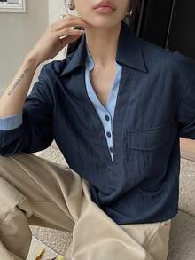 Livesso 女士休闲撞色V领二合一衬衫 - 藏蓝色 - 查看 4