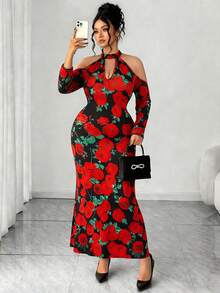 Elenzga Đầm ôm sát cổ yếm thanh lịch cỡ lớn, thoải mái và gợi cảm cho ngày lễ tình nhân, Giáng sinh, tiệc năm mới - Nhiều màu - Xem 1