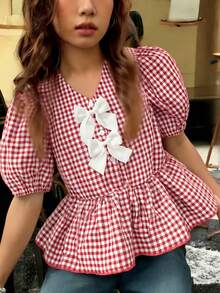 Girls' Red & White Plaid Minimalist Korean Style White 3D Bow Puff Sleeve Waist Shirt - Red and White - View 6