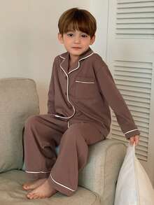 DAZY Young Boy Contrast Trim Button-Front Long Sleeve Top And Pants Pajama Set Spring - Brown - View 1