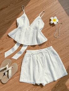 SHEIN EZwear 2件套女士梭织吊带背心和短裤套装，度假装 - 白色 - 查看 8