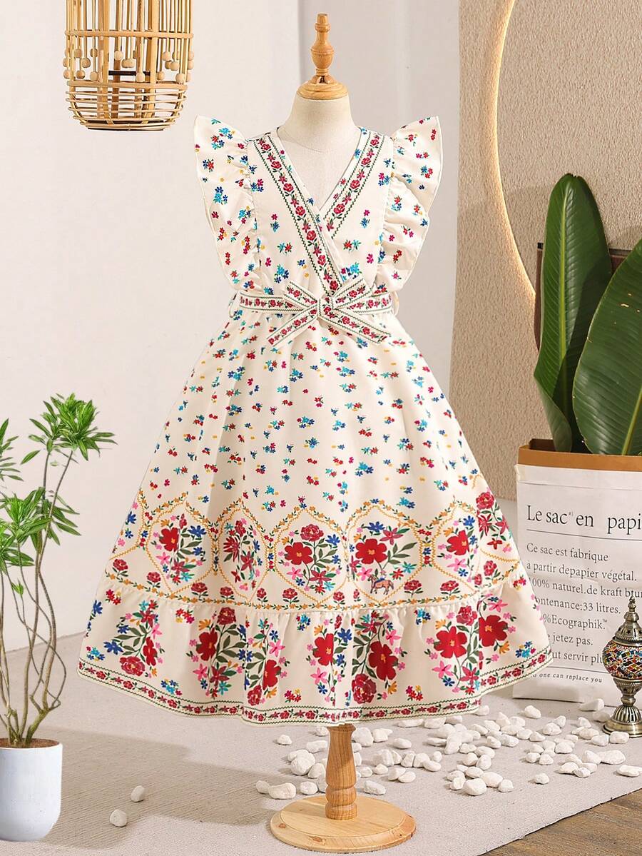 Vintaside Kids 1pc Girls' Ditsy Floral V-Neck Ruffle Hem Sleeveless Belted Vacation Style Long Dress - Multicolor - View 1