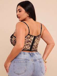 SHEIN BAE Plus Size Women Leopard Print Lace Patchwork Camisole, Going Out Tops - Black - View 7