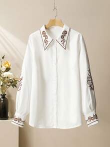 SHEIN Lacomfia 大码女式复古风白色刺绣领衬衫/棕色阔腿裤套装/复古刺绣宽松休闲两件套 - 棕色 - 查看 4