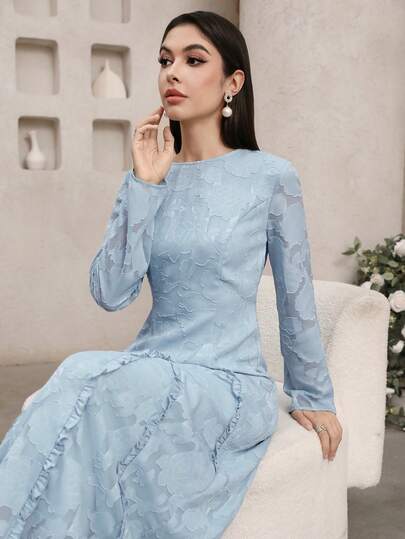 Veilorie 女士纯色荷叶边领优雅长袖阿拉伯连衣裙