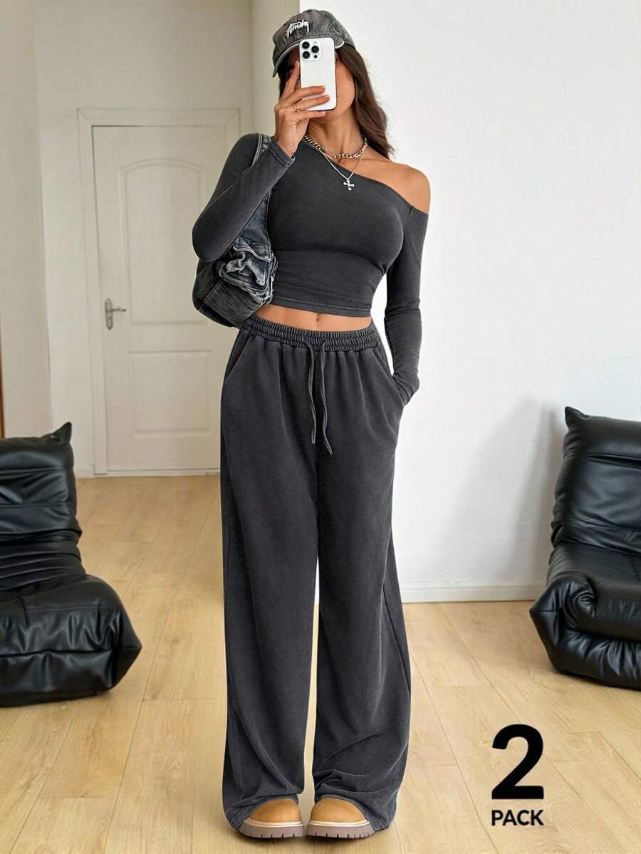 SHEIN Tall Bộ 2 món dành cho nữ, mùa xuân hè, kiểu dáng đơn giản, màu trơn, áo croptop tay dài lệch vai và quần ống rộng có dây rút eo.