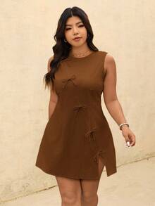 Elaquor Đầm không tay cổ tròn xẻ tà, màu trơn, cỡ lớn, trang trí nơ, dáng thanh lịch. - màu nâu - Xem 6