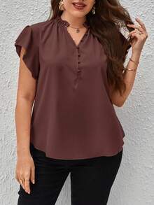 SHEIN Privé 大码女式夏季休闲度假日常通勤舒适荷叶边袖口V领衬衫 - 棕色 - 查看 6