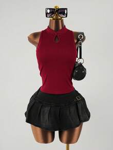 SaltGleam SaltGleam 中式旗袍风格镂空罗纹无袖修身背心，夏季 - 紅色 - 查看 3