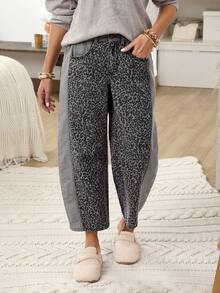 EMERY ROSE Plus Size Contrast Color Patchwork Leopard Print Flared Leg Jeans - Grey - View 7