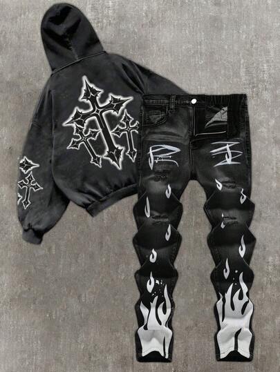 Jeans ajustados de mezclilla azul con diseño de llamas en estilo vintage y casual Y2K para niños y preadolescentes, ropa de uso diario y atuendos de rave, festival y ropa de calle para el invierno y el otoño