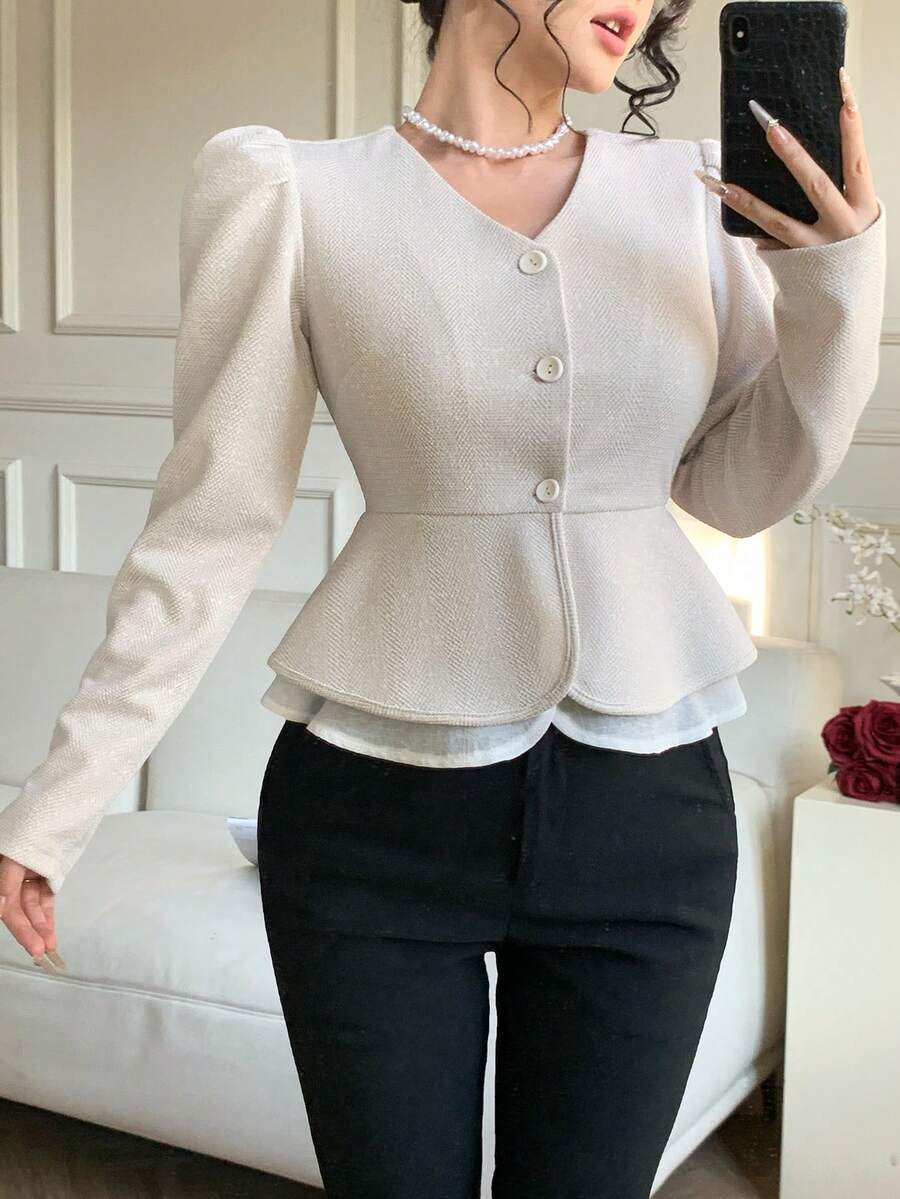 DAZY Frühlings-/Sommer-Lässig Volant Patchwork Langarm Bluse für Frauen, elegant für Büro, Hochzeit, Valentinstag - Aprikosenfarben - Übersicht 1