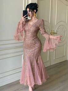 DAZY 春夏水钻闪亮优雅派对连衣裙，适合情人节、婚礼、宴会、舞会、时尚活动等场合，修身剪裁，收腰设计，及膝长度，粉色嘉年华闪亮连衣裙/吊带裙 - 粉色 - 查看 8