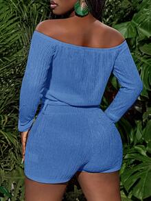 Slaydiva Spring And Summer New Casual Vacation One-Shoulder Long-Sleeved Raglan Sleeves Loose Upper Body Slim-Fitting Shorts Waist Straps Orange Vertical Striped Knitted Fabric Women's Tight Jumpsuit - Dusty Blue - View 2