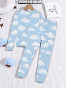 2件套女童梦幻印花圆领长袖上衣和数码印花针织打底裤，柔软弹力贴身家居服套装