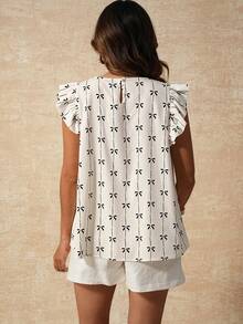 Boho Mama Maternity Clothes  Maternity Tops Pregnant Clothes   Vacation Sweet Blouse,Maternity Butterfly Print Round Neck Cap Sleeve Cute Blouse,Sweet Butterfly Print Pleated Loose Apricot Maternity Shirt ,Summer Outfit Women,Vacation Outfits Women - Apricot - View 2